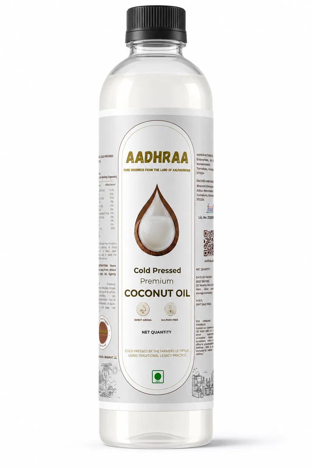 Aadhraa Cold Pressed Coconut Oil (1 Liter) | Pure, Unrefined Edible Oil from Selected Tiptur Coconuts | For Cooking, Hair Care & Baby Massage